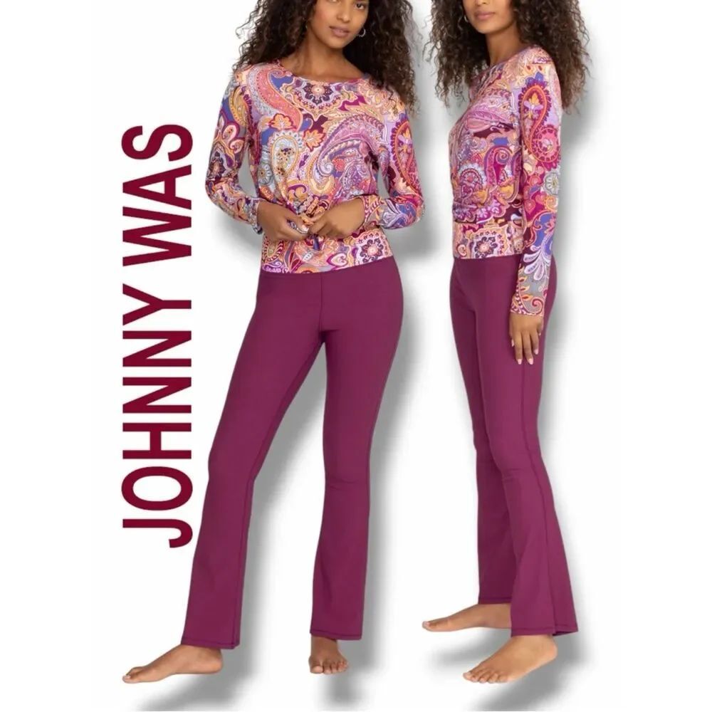 Johnny Was Women’s Bee Active Ribbed Baby Bell Pants/Paisley Waistband Size L